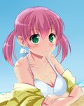  bikini breasts cleavage green_eyes medium_breasts oginy original pink_hair short_hair short_twintails solo swimsuit twintails 