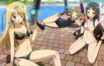  absurdres barefoot bikini black_bikini black_hair blonde_hair blush braid breasts brown_eyes brown_hair cleavage competition_swimsuit day detexted front-tie_top glasses green_eyes hairband hat highres huge_filesize kaidou_hiroyuki kannagi_miyabi kono_naka_ni_hitori_imouto_ga_iru! kunitachi_rinka long_hair looking_at_viewer lying magazine_scan medium_breasts multiple_girls navel official_art on_side one-piece_swimsuit open_mouth outdoors pool poolside purple_eyes scan school_swimsuit shiny shiny_skin side-tie_bikini side_braid single_braid sitting smile swimsuit third-party_edit tsuruma_konoe twintails wariza weapon white_bikini 