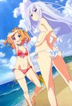  :d a-1_pictures absurdres arm_up armpits ass beach bikini blue_eyes choker cloud day dutch_angle front-tie_top hair_ribbon hair_tousle harusaki_chiwa highres kneepits legs long_hair multiple_girls natsukawa_masuzu navel non-web_source ocean open_mouth orange_hair ore_no_kanojo_to_osananajimi_ga_shuraba_sugiru outdoors pink_eyes ribbon ribbon_choker sandals_removed scan short_hair side-tie_bikini side_ponytail silver_hair sky smile swimsuit thigh_ribbon two_side_up very_long_hair water wet 