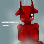  anthro big_breasts blush breasts chilly_pepper dialog dragon english_text equine female friendship_is_magic fur horn horse hybrid kloudmutt mammal my_little_pony nipples one_eye_closed pony red_eyes red_fur shower smile solo text wet wink 