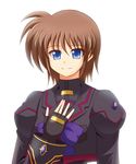  azumaya_hironaru bad_id bad_pixiv_id blue_eyes brown_hair dress fingerless_gloves gloves hand_on_own_chest light_smile lyrical_nanoha magical_girl mahou_shoujo_lyrical_nanoha mahou_shoujo_lyrical_nanoha_a's mahou_shoujo_lyrical_nanoha_a's_portable:_the_battle_of_aces material-s puffy_sleeves short_hair solo upper_body white_background wide_sleeves 