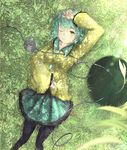  bad_id bad_pixiv_id black_legwear blouse clenched_hand grass green_eyes green_hair hand_on_own_head hat hat_removed headwear_removed highres komeiji_koishi light_smile lips long_sleeves looking_at_viewer lying marumoru on_back one_eye_closed pantyhose shade short_hair skirt solo third_eye touhou wide_sleeves 