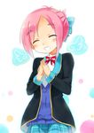  ^_^ amatsuka_megumi_(gj-bu) bad_id bad_pixiv_id blazer blush bow bowtie cardigan closed_eyes eyebrows gj-bu hair_bow hands_clasped jacket okiami own_hands_together pink_hair school_uniform short_hair smile solo teeth 