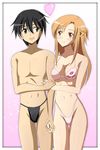  1girl asuna_(sao) bikini black_eyes black_hair brown_eyes brown_hair couple heart hetero highres holding_hands kinfuji kirito long_hair male_swimwear short_hair swim_briefs swimsuit swimwear sword_art_online 