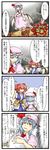  4koma bat_wings berusuke_(beru_no_su) comic flandre_scarlet flower hat highres izayoi_sakuya multiple_girls onozuka_komachi remilia_scarlet scythe short_hair silver_hair spider_lily touhou translated wings 