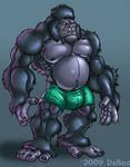  angry anthro ape baring_teeth belly biceps big_muscles black_fur boxers bulge chubby clenched_teeth clothed clothing da_boz fangs fur gorilla half-dressed male mammal musclegut muscles navel nipples pecs pose primate red_eyes shorts solo standing teeth topless underwear 