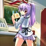  alternate_hairstyle animal_ears apron bunny_ears food long_hair ponytail purple_hair red_eyes reisen_udongein_inaba solo toast touhou tyourou_god 