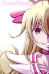  aida_mana blonde_hair bloom character_name choker cure_heart curly_hair dokidoki!_precure evil_grin evil_smile grin highres long_hair magical_girl nishi_koutarou out_of_frame portrait precure red_eyes simple_background smile solo white_background 