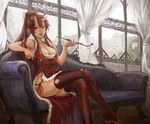  ahoge bare_shoulders breasts cleavage collarbone couch crossed_legs curtains fangs fur_trim horns japanese_clothes kiseru large_breasts long_hair looking_at_viewer obi oni open_mouth original pipe pointy_ears ponytail red_eyes red_hair red_legwear sandals sarashi sasagawa_(haikaiki) sash sitting slit_pupils smile solo thighhighs window 