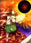  bird_wings bow brown_hair cape chaigidhiell energy_ball hair_bow highres looking_at_viewer looking_back orange_eyes outstretched_arm outstretched_hand puffy_sleeves reiuji_utsuho shirt short_sleeves skirt smirk solo space standing standing_on_one_leg third_eye touhou wings 