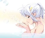  bathing blowing blue_eyes breasts bubble censored convenient_censoring hair_ornament hairclip large_breasts masao nude original ponytail profile ripples silver_hair solo upper_body water 