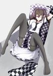  arm_up black_legwear breasts brown_hair censored checkered checkered_skirt hair_ribbon hat highres himekaidou_hatate long_hair no_shoes one_eye_closed pantyhose pillow puffy_sleeves purple_eyes ribbon shirt short_sleeves sitting skirt small_breasts solo spread_legs thighband_pantyhose tokin_hat touhou twintails yugeoryouki 