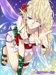  agahari bikini_top blonde_hair blue_eyes breasts christmas cleavage copyright_name copyright_request earrings flower happy jewelry long_hair medium_breasts one_eye_closed pointy_ears ribbon sandals sekai_summoner_kumiai skirt solo star wings 