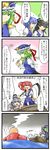  4koma :3 bakebake berusuke_(beru_no_su) comic ghost green_hair hair_bobbles hair_ornament highres long_sleeves mononobe_no_futo multiple_girls o_o onozuka_komachi red_eyes red_hair rod_of_remorse shiki_eiki shinigami short_hair touhou translated 