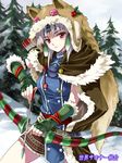  agahari arrow blush bow bow_(weapon) cloak copyright_name copyright_request fingerless_gloves gloves grey_hair red_eyes sekai_summoner_kumiai short_hair skirt sky snow tree weapon 