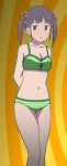  arms_behind_back bare_shoulders bikini child cleavage collarbone foreshortening gradient gradient_background green_bikini green_swimsuit legs looking_at_viewer minami_shizuku navel sakura_trick solo swimsuits two_side_up 