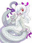  2013 albino ass forked_tongue indee lamia long_tongue monster_girl original pale_skin red_eyes ribbon scales snakeskin_print solo tail tongue white_hair 