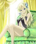  absurdres animal_print armchair babydoll bad_id bad_pixiv_id blonde_hair blue_eyes boku_wa_tomodachi_ga_sukunai breasts butterfly_hair_ornament butterfly_print chair curtains hair_ornament highres kashiwazaki_sena kyaro_(kyaro54) light_rays long_hair looking_at_viewer medium_breasts no_pants panties smile solo striped striped_panties sunbeam sunlight underwear 