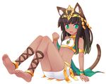  animal_ears ankle_lace-up anklet barefoot bastet_(p&amp;d) black_hair bracelet brown_hair cat_ears cat_tail cross-laced_footwear crown dark_skin egyptian feet green_eyes highres jewelry long_hair midriff miniskirt naturalton navel necklace open_mouth panties pantyshot paw_pose puzzle_&amp;_dragons skirt smile soles solo tail thighs toe_scrunch toenails toes underwear 