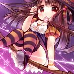  blush bow bracelet broom broom_riding brown_hair candy dearoliha dress food halloween hat heart highres jewelry lollipop long_hair looking_at_viewer mouth_hold original puffy_short_sleeves puffy_sleeves red_eyes shoes short_dress short_sleeves sidesaddle solo star striped striped_legwear swirl_lollipop thighhighs thighs witch witch_hat 