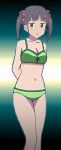  arms_behind_back bare_shoulders bikini child cleavage collarbone foreshortening gradient gradient_background green_bikini green_swimsuit legs looking_at_viewer minami_shizuku navel sakura_trick solo swimsuits two_side_up 