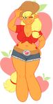  alpha_channel anthro anthrofied applejack_(mlp) big_breasts blonde_hair breasts cleavage clothed clothing cowboy_hat cutie_mark equine female freckles friendship_is_magic green_eyes hair hat hi_res horse long_hair looking_at_viewer mammal my_little_pony navel one_eye_closed orange_skin pony sheela shirt shorts smile solo standing thighs wide_hips 