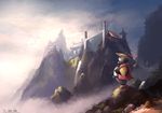  architecture bird castle cloud east_asian_architecture gourd hat highres landscape mountain no_humans panda pandaren scenery sky solo standing tlrose warcraft water waterfall world_of_warcraft 