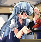  ascot blue_hair comb flying_sweatdrops hair_brushing hat hat_removed headwear_removed kamishirasawa_keine long_hair mirror red_eyes solo touhou tyourou_god 