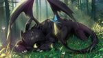  black_scales butterfly claws crepuscular_rays dragon feral flower forest grass green_eyes how_to_train_your_dragon insect male mellolover night_fury one_eye_closed outside scalie scenery sleeping solo toothless tree wings yellow_sclera 