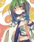  bare_shoulders detached_sleeves frog_hair_ornament green_eyes green_hair hair_ornament hair_tubes heath41 kochiya_sanae long_hair navel snake_hair_ornament solo touhou upper_body wide_sleeves 