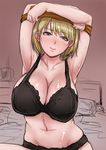  armpits arms_up ashley_graham bed black_bra black_panties blonde_hair blush bob_cut bra breasts cleavage clothes_lift full-face_blush huge_breasts lips navel no_pants panties resident_evil resident_evil_4 sgk smile solo sweat sweater sweater_lift underwear underwear_only undressing yellow_eyes 