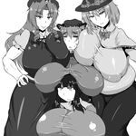  4girls braid breast_press breast_rest breasts breasts_on_head cap chen female gigantic_breasts hat highres hong_meiling houraisan_kaguya huge_breasts long_hair monochrome multiple_girls nagae_iku pixiv_manga_sample resized ribbon sahei short_hair smile touhou 