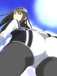  akemi_homura ass ass_focus black_hair cosplay from_below hairband highres kozy kuroki_rei kuroki_rei_(cosplay) legwear_under_shorts long_hair looking_back looking_down mahou_shoujo_madoka_magica national_shin_ooshima_school_uniform pantyhose purple_eyes school_uniform serafuku shorts solo thighs vividred_operation 