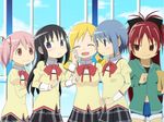  akemi_homura black_hair blonde_hair blue_eyes blue_hair bow casual denim denim_shorts drill_hair fang hair_bow hair_ornament hair_ribbon hairband hairclip highres hoihoi hoihoi_(sonokoi) hood hoodie kaname_madoka mahou_shoujo_madoka_magica midriff miki_sayaka multiple_girls navel pink_eyes pink_hair ponytail purple_eyes pushing red_eyes red_hair ribbon sakura_kyouko school_uniform short_twintails shorts smile tomoe_mami twin_drills twintails 