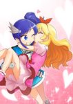  aikatsu! aikatsu!_(series) blonde_hair blue_eyes blue_hair blush boots carrying cheek_kiss closed_eyes couple dress gloves grin hair_ornament hair_ribbon heart heebee hoshimiya_ichigo kiriya_aoi kiss long_hair multiple_girls one_eye_closed princess_carry ribbon side_ponytail smile sparkle white_gloves yuri 