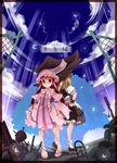  bad_id bad_pixiv_id bare_legs blush bobby_socks bow bracelet crescent fence hair_bow hand_on_hip hat highres jewelry junk kirisame_marisa long_hair looking_at_viewer multiple_girls patchouli_knowledge purple_eyes purple_hair slippers smile socks touhou uni_mate white_legwear witch_hat 