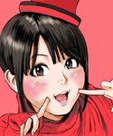  1girl black_hair blush hat hello!_project junjun_(hello!_project) looking_at_viewer morning_musume open_mouth red simple_background smile solo 