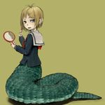  1girl blonde_hair blue_eyes ebimomo fang hair_ornament hairclip hand_mirror lamia lipstick lipstick_tube makeup mirror monster_girl original pointy_ears polo_(pixiv1844541) scales school_uniform serafuku short_hair simple_background snake_tail solo yellow_background 