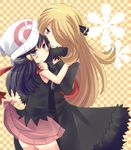  2girls blonde_hair blue_eyes blue_hair blush coat hana-melt hat hikari_(pokemon) long_hair multiple_girls nel_(hana-melt) pokemon pokemon_(game) pokemon_dppt shirona_(pokemon) skirt skirt_lift yuri 