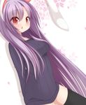  animal_ears arms_behind_back bad_id bad_pixiv_id black_legwear blush breasts bunny_ears chimunge highres large_breasts long_hair long_sleeves looking_at_viewer naked_sweater open_mouth purple_hair red_eyes reisen_udongein_inaba solo sweater thighhighs touhou very_long_hair zettai_ryouiki 