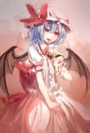  60mai bat_wings blue_hair bow dress flower hat hat_bow lily_(flower) looking_at_viewer nectar red_eyes remilia_scarlet sexually_suggestive short_hair smile solo tongue tongue_out touhou wings 