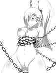  1girl arms_behind_back bdsm blush bondage bound breasts chains hair_ornament hair_over_one_eye hairclip long_hair monochrome naruto navel nightmare-doom nipples nude ponytail pussy solo uncensored yamanaka_ino 