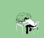  bad_id bad_pixiv_id chair desk green_background male_focus monochrome nature seki_toshinari simple_background sitting sleeping solo spot_color tonari_no_seki-kun tree 