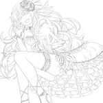  dress flower foreshortening frills gari_(apollonica) gloves greyscale hair_flower hair_ornament highres lineart long_hair megurine_luka monochrome open_mouth smile solo thigh_strap vocaloid 