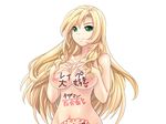  1girl areolae blonde_hair body_writing breast_grab breasts game_cg grabbing green_eyes long_hair looking_at_viewer navel nipples nude simple_background smile solo standing white_background 