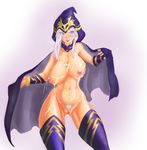  ashe big_breasts breasts cape clothing cum erect_nipples female hair hood human league_of_legends long_hair looking_at_viewer mammal nipples not_furry nude pussy solo tongue unknown_artist video_games white_hair 