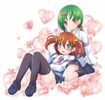  bad_id bad_pixiv_id blush green_eyes green_hair hair_ornament hairclip long_hair lying multiple_girls necktie ribbon saki saki_achiga-hen satsuki_suzuran shindouji_school_uniform shirouzu_mairu short_hair sitting smile thighhighs tsuruta_himeko twintails yuri 