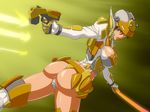  ass bodysuit breasts brown_eyes chouhei_hajoku gun helmet highres inja_no_kuruwa large_breasts looking_back sideboob simple_background solo sword weapon 