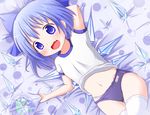  alternate_costume arm_behind_head arm_up blue_eyes blue_hair blush bow buruma cirno fang frog frozen frozen_frog gym_uniform hair_bow highres ice ice_wings lying makuran midriff navel on_back open_mouth panties panties_under_buruma shirt smile solo thighhighs touhou underwear white_legwear white_panties wings 