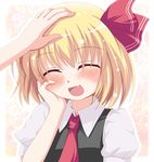  black_dress blonde_hair blush closed_eyes dress fang hair_ribbon hand_on_own_cheek kinagi_yuu necktie open_mouth out_of_frame petting puffy_sleeves ribbon rumia shirt short_sleeves smile solo_focus touhou upper_body 